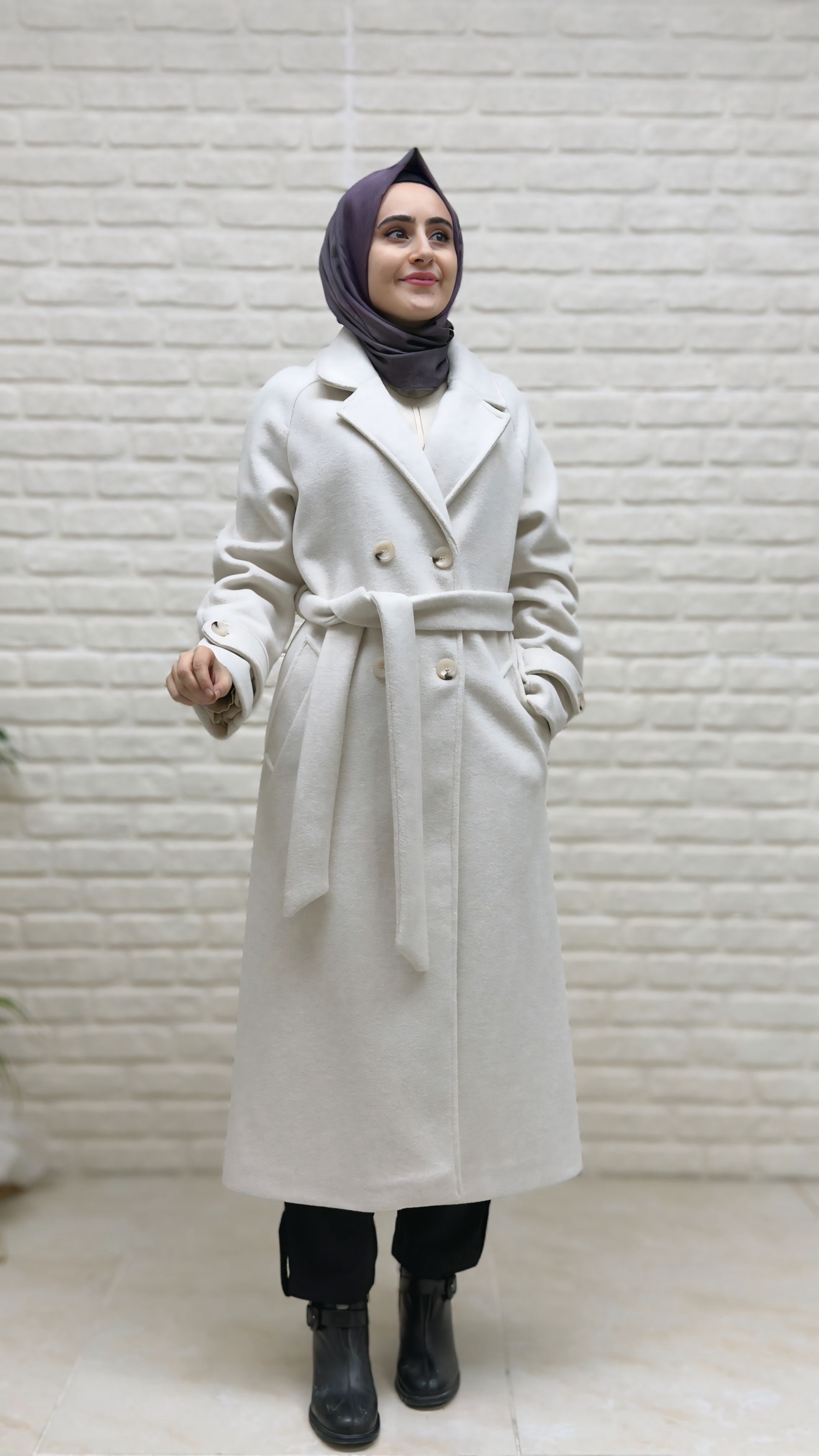 Beranisa Düğme Detay Kemerli Kaşe Kaban 1458