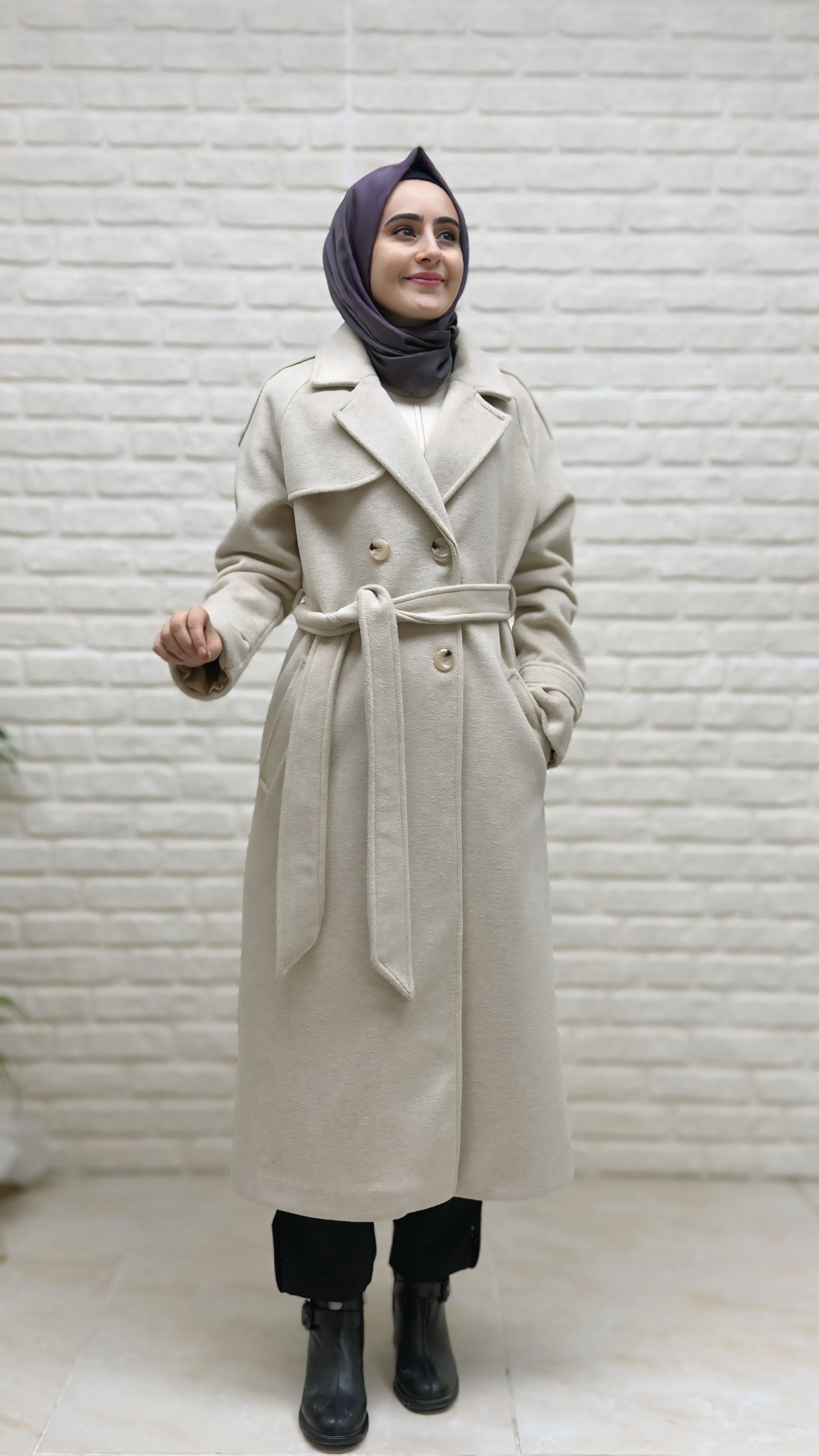 Beranisa Düğme Detay Kemerli Kaşe Kaban 1265