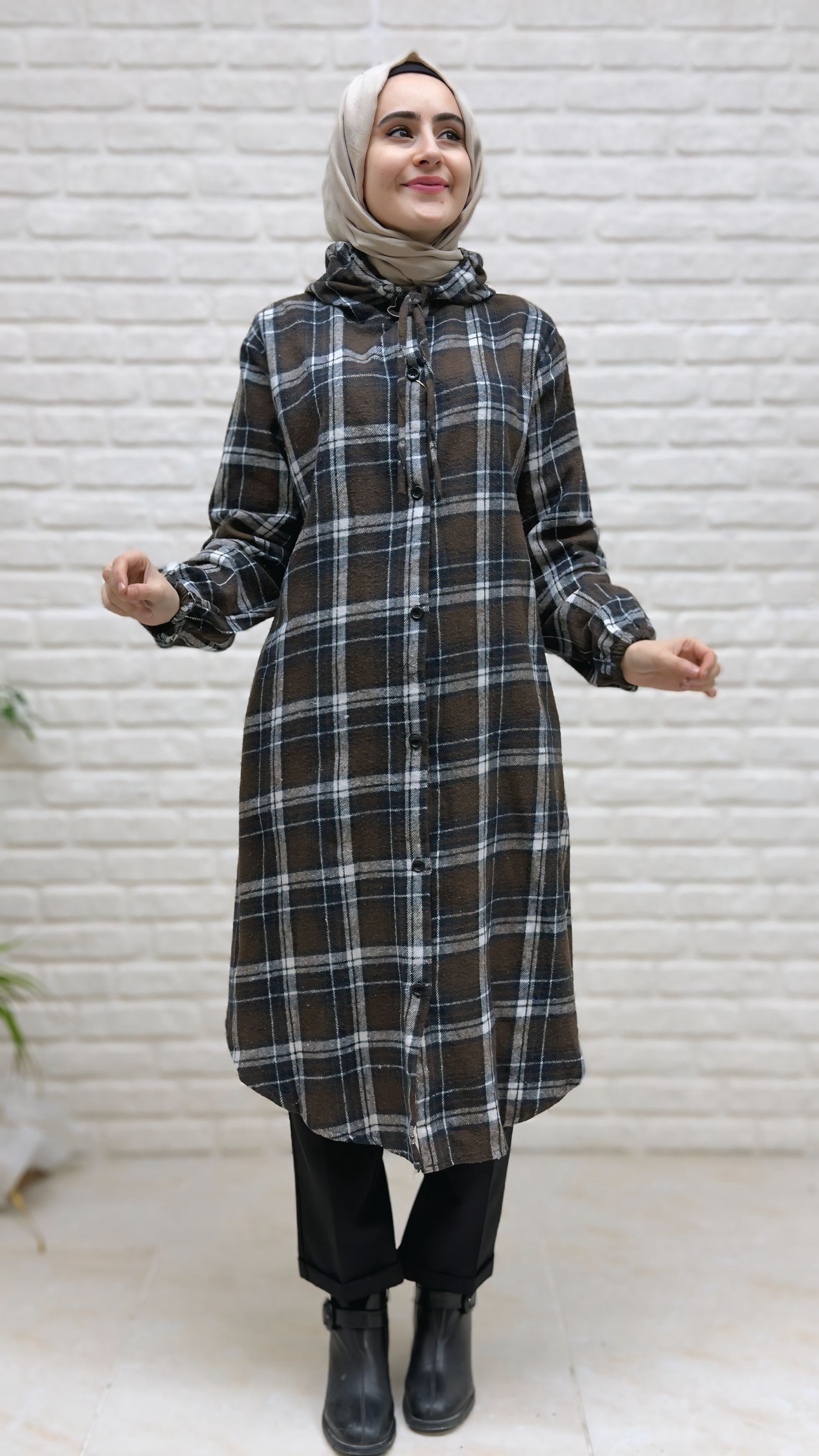 Beranisa Ekose Düğmeli Kapişonlu Tunik 4002