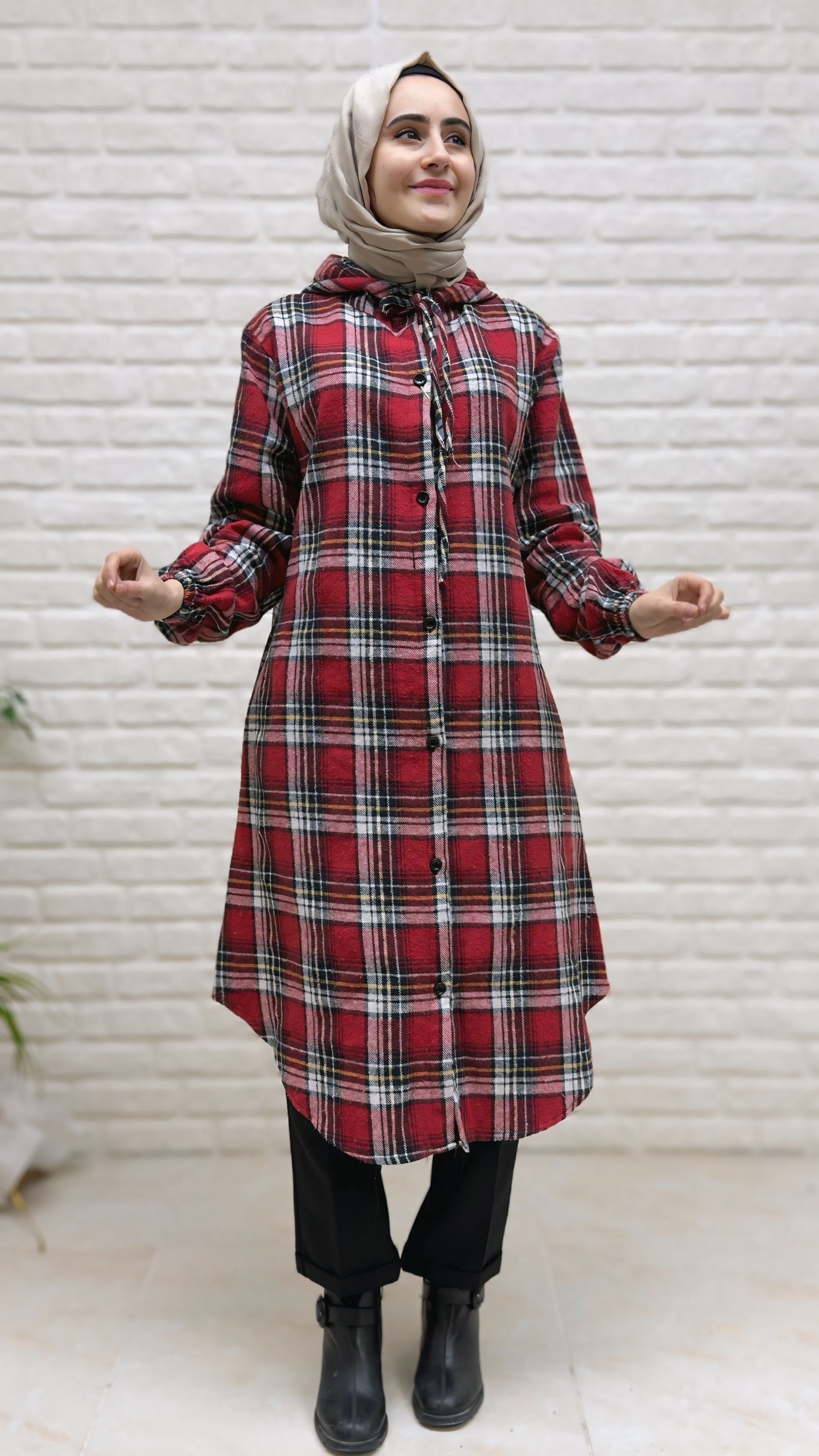 Beranisa Ekose Düğmeli Kapişonlu Tunik 4002