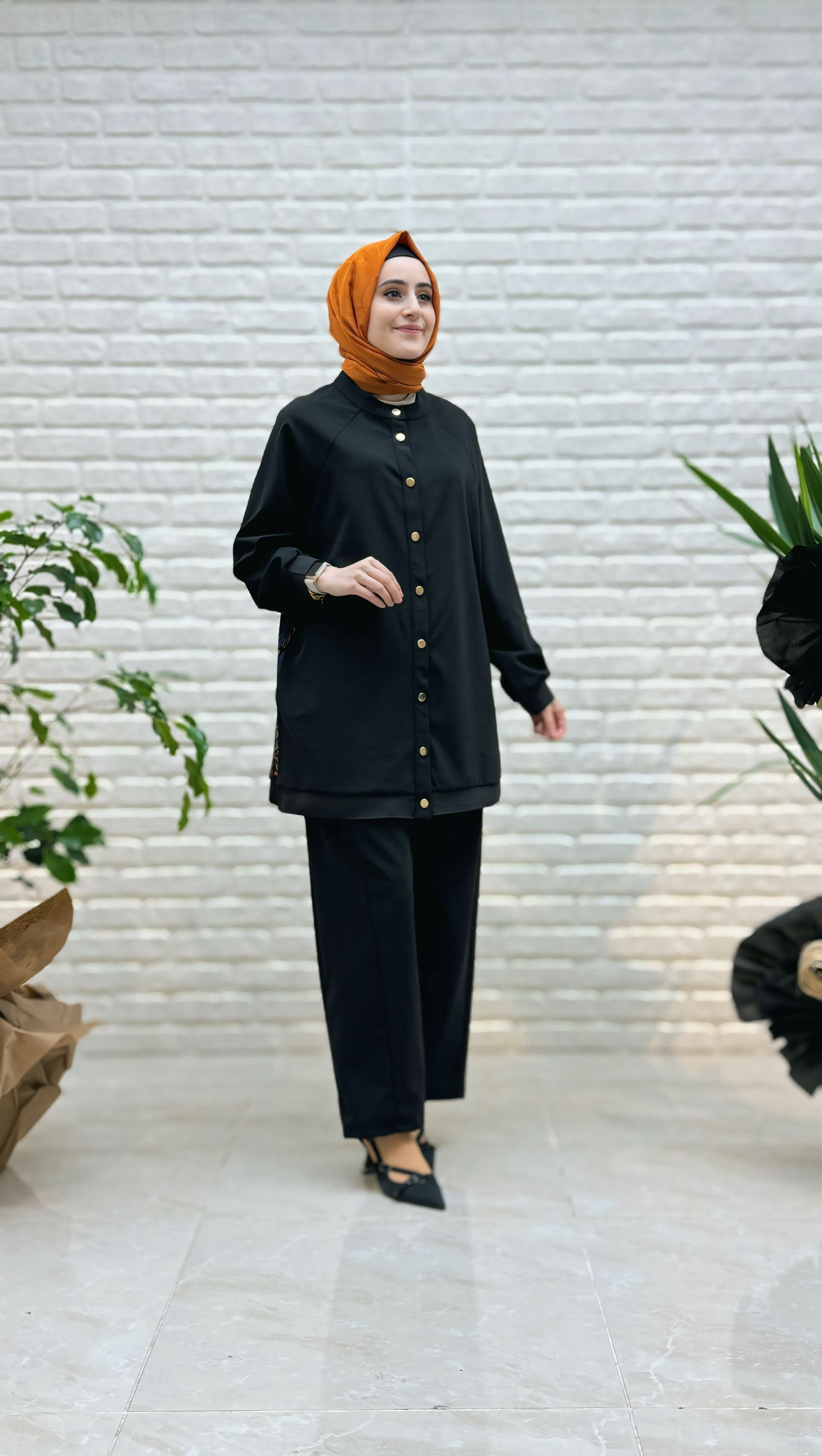 Ahi Arkası Gül Desenli Pantolonlu Takım 7037-1