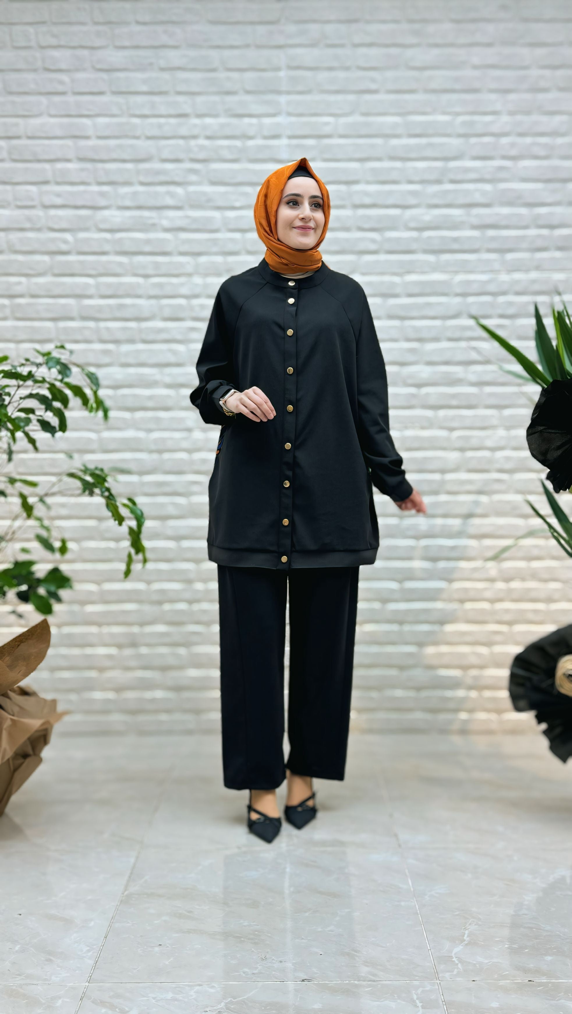 Ahi Arkası Gül Desenli Pantolonlu Takım 7037-1