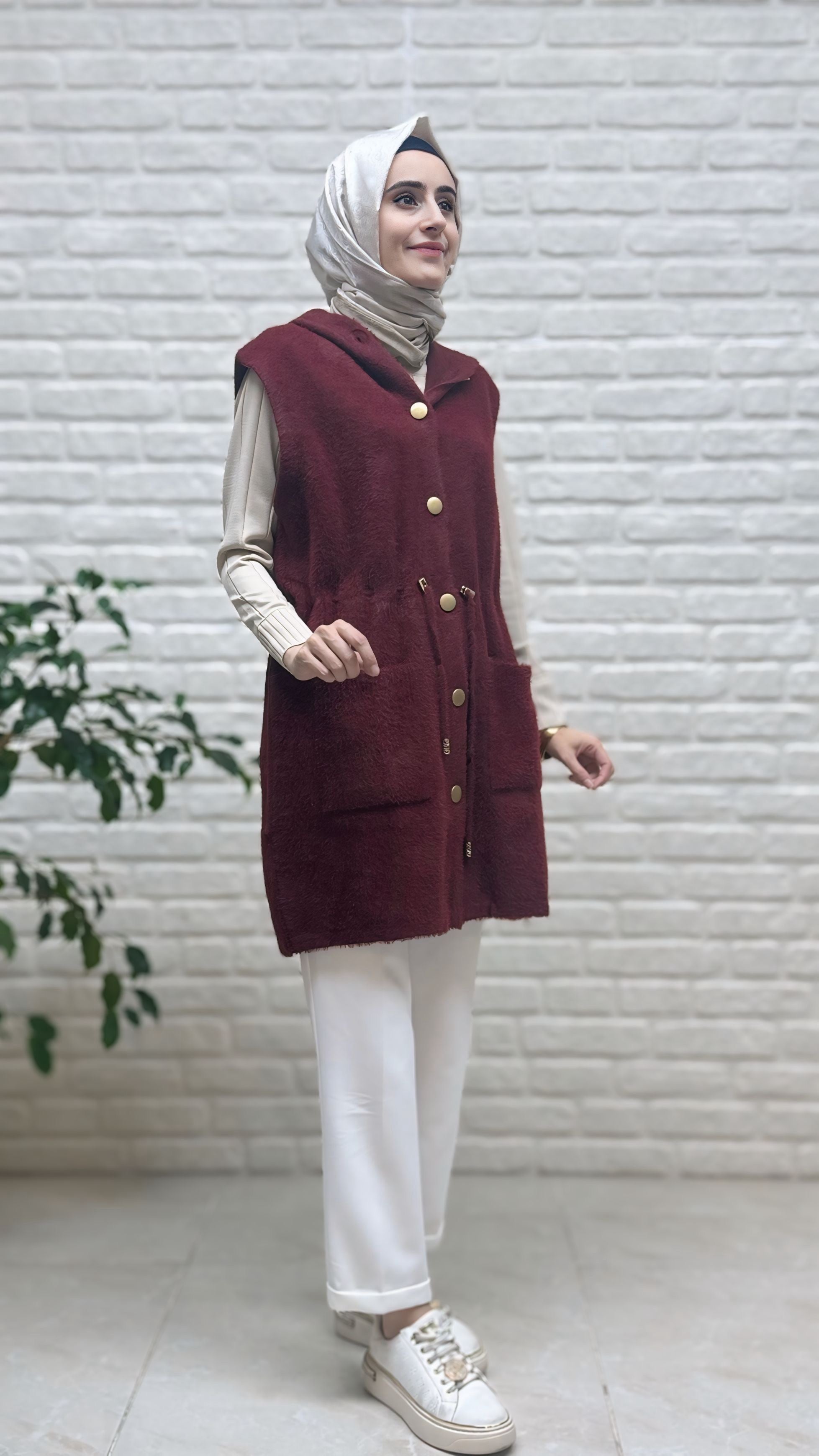 Gülseli Kapşonlu Angora Yelek 251438