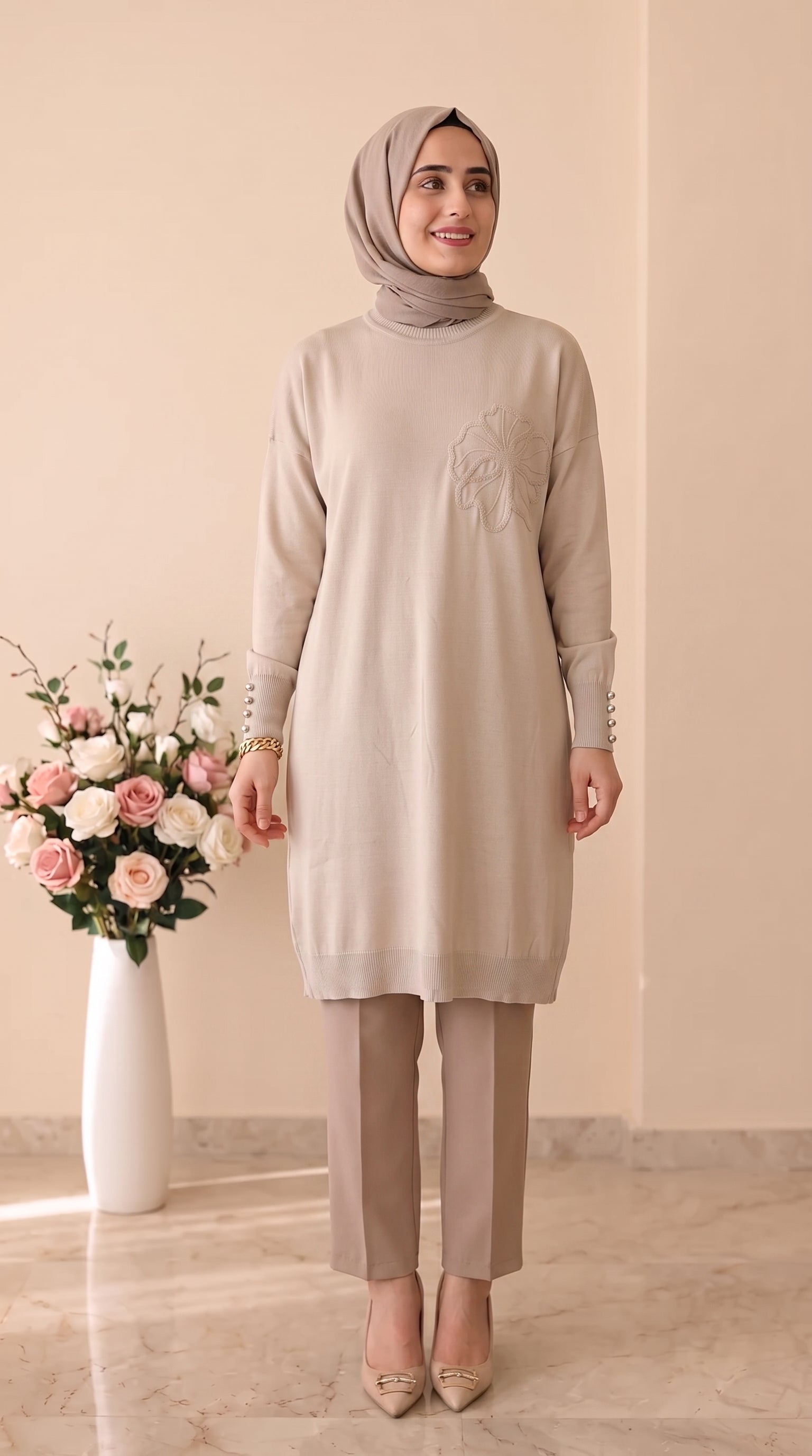 Beranisa Çiçek Desenli Soğuk İp Tunik 3303