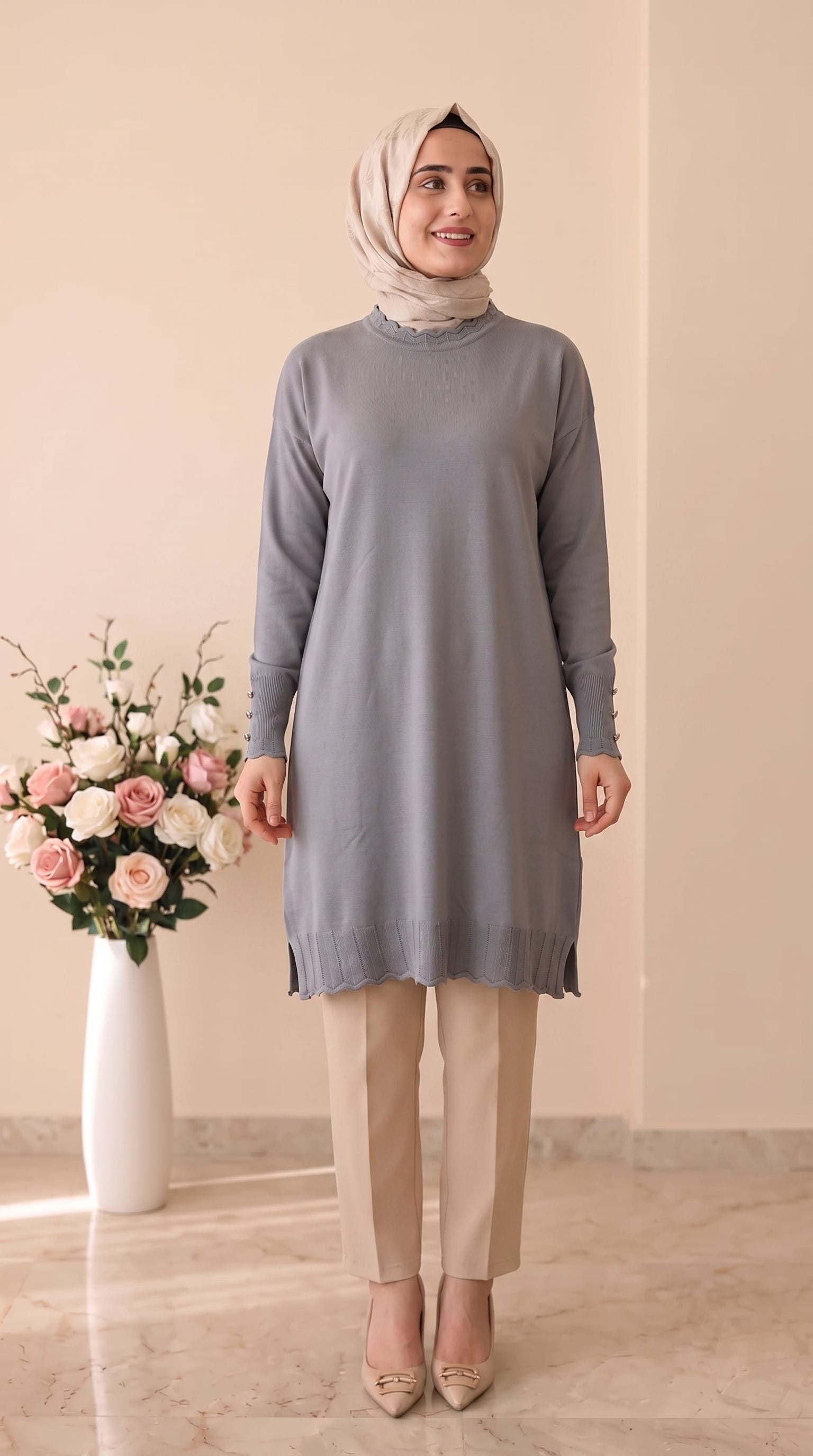 Beranisa Kolları Düğmeli Soğuk İp Tunik 3319
