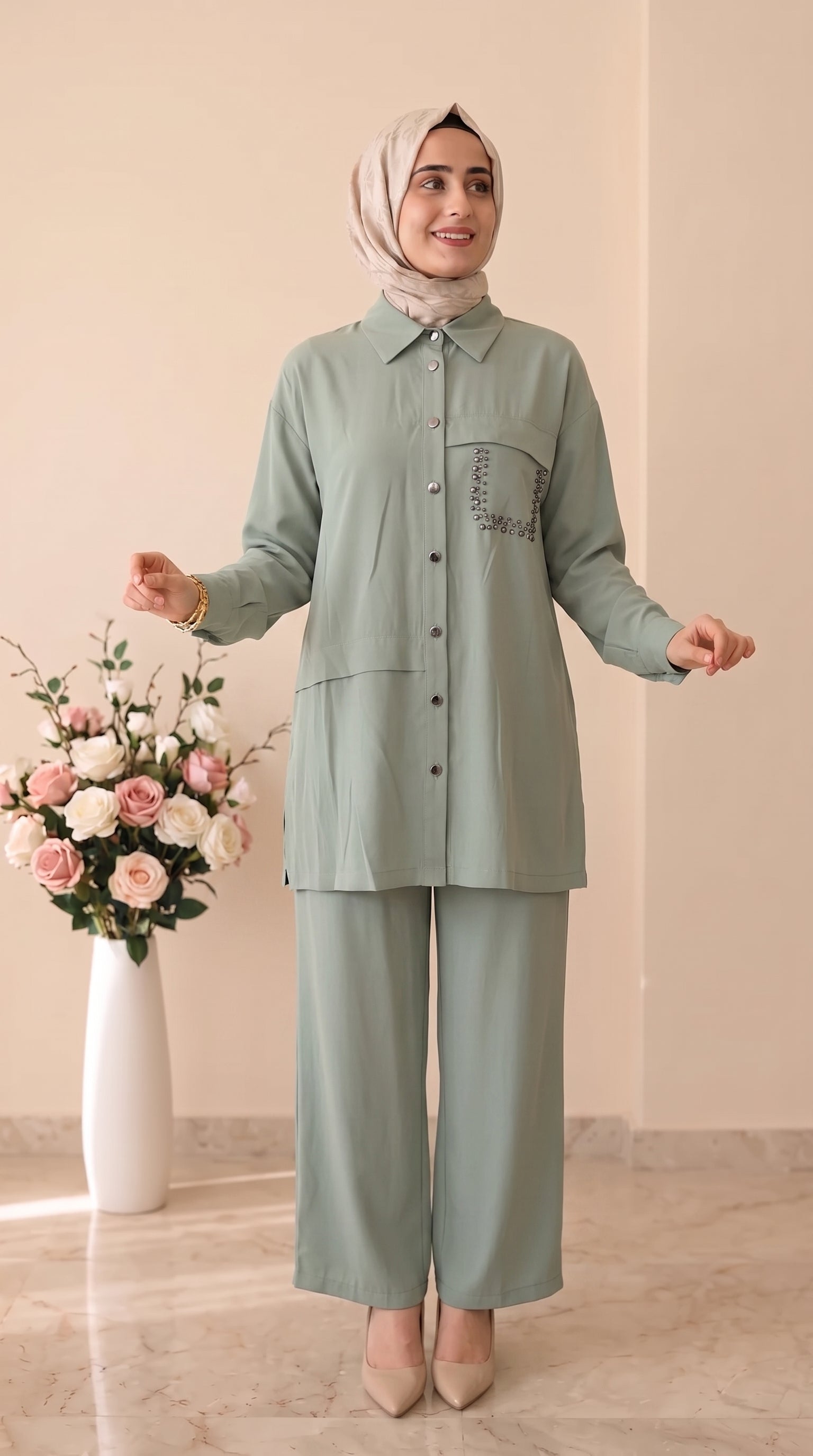İz Atelier Taş İşlemeli Pantolonlu Takım 4054