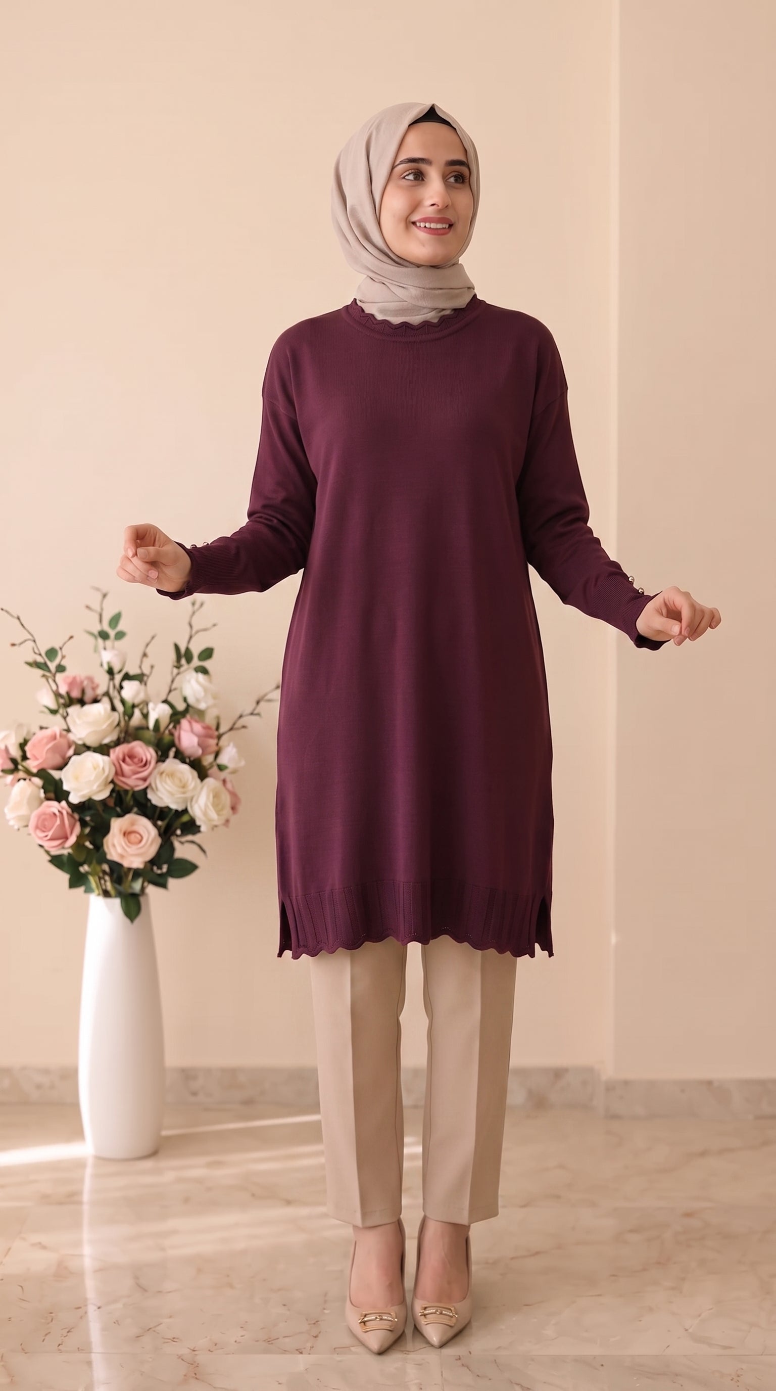 Beranisa Kolları Düğmeli Soğuk İp Tunik 3319