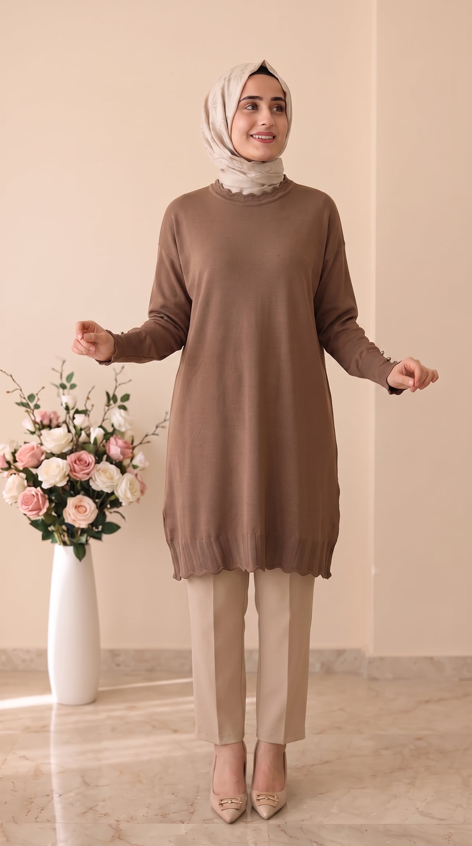 Beranisa Kolları Düğmeli Soğuk İp Tunik 3319