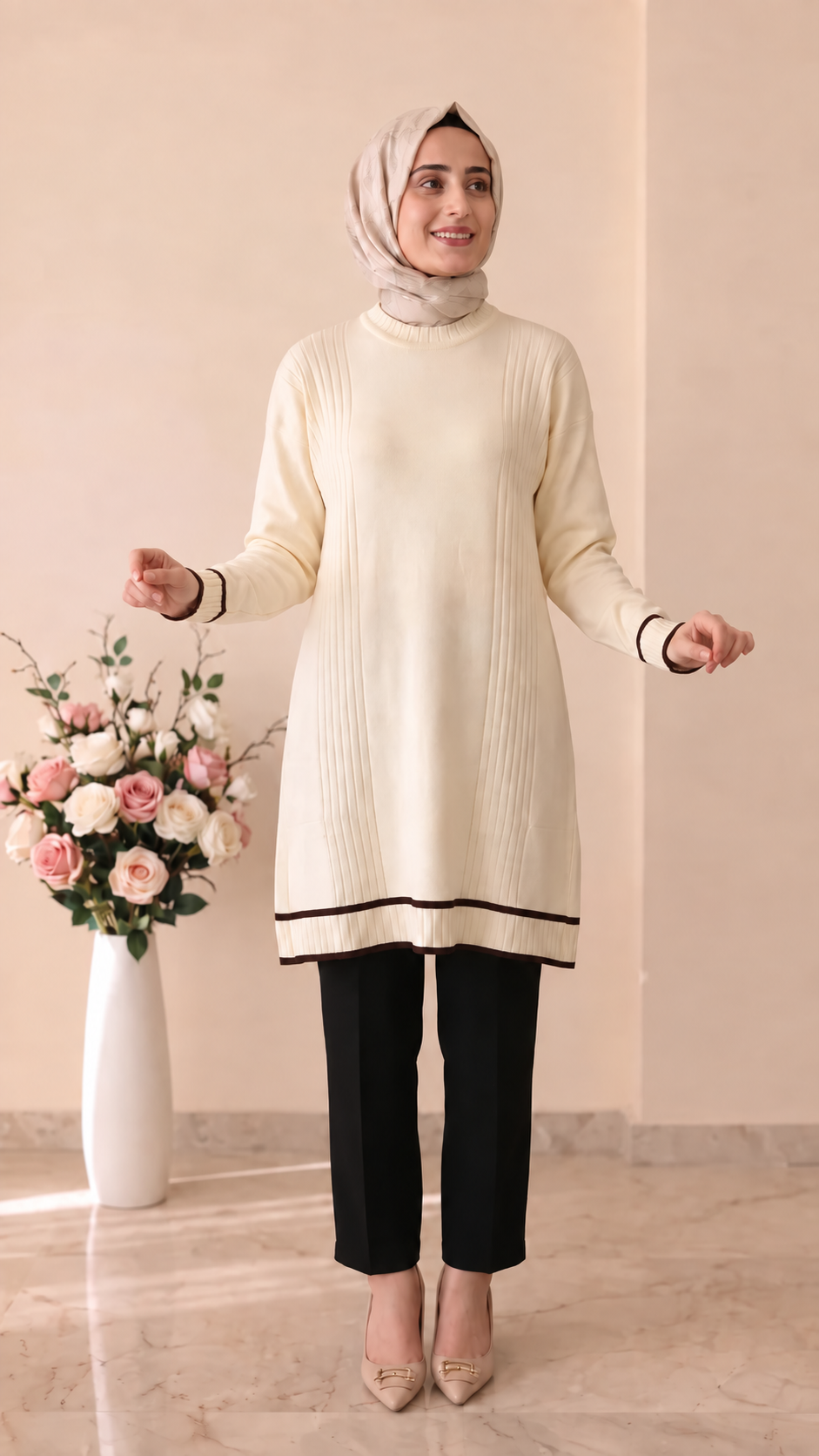 Beranisa Çizgi Detaylı Soğuk İP Tunik 3374