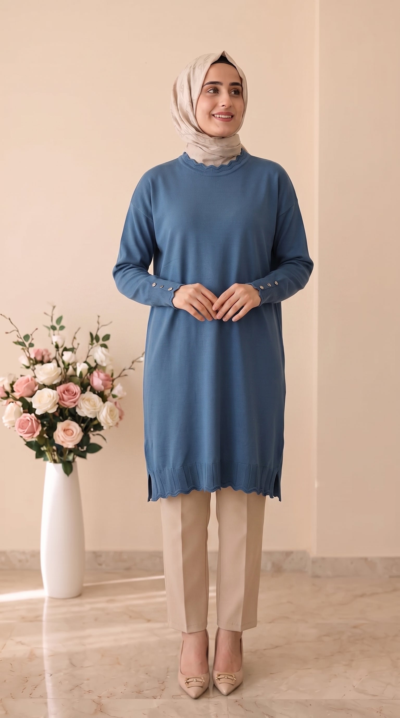 Beranisa Kolları Düğmeli Soğuk İp Tunik 3319