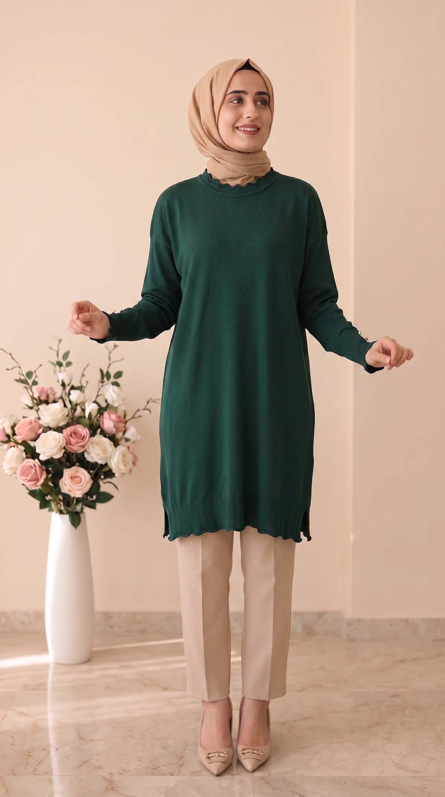 Beranisa Kolları Düğmeli Soğuk İp Tunik 3319