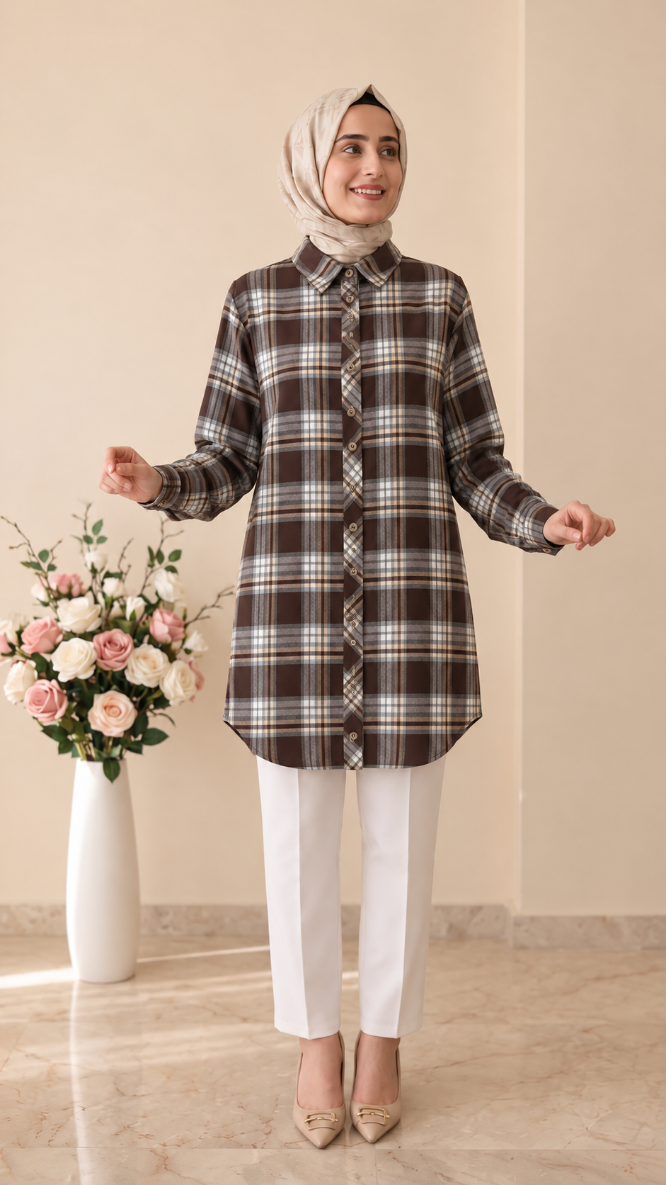 Nihan Ekose Kumaş Detaylı Oversize Pamuklu Tunik 4035