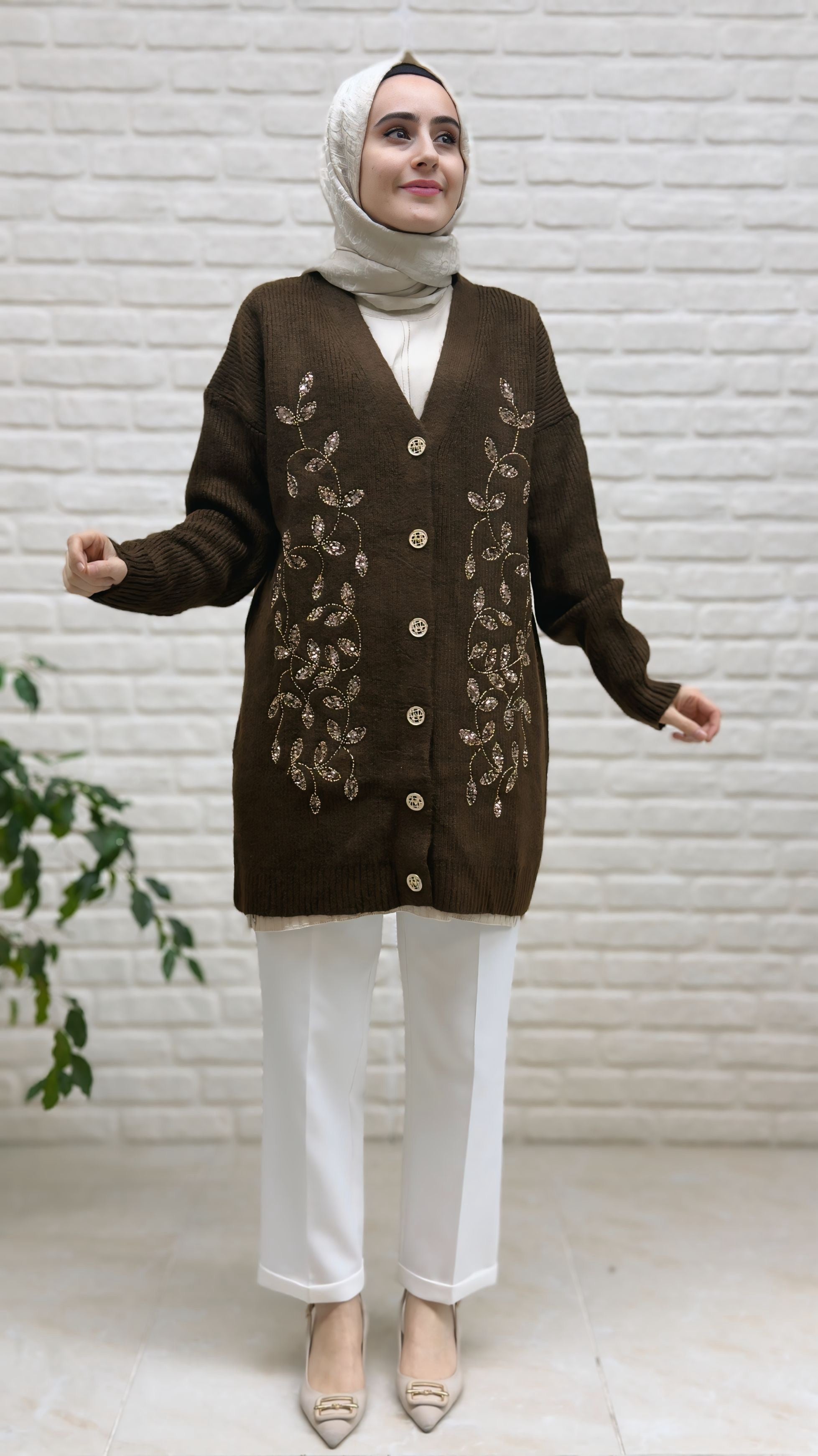 Nefise Şardonlu Boncuk Nakışlı Ceket 7672