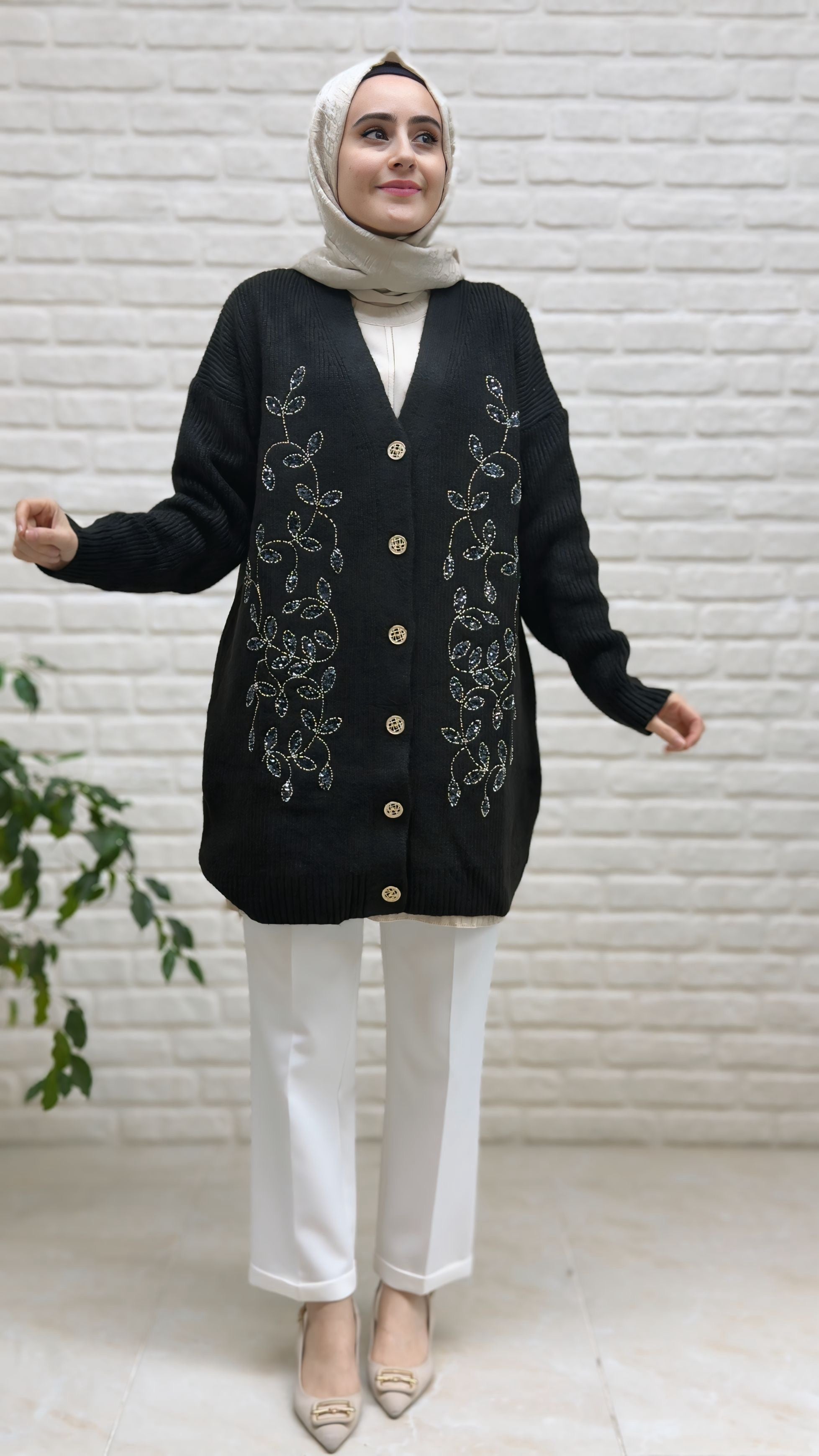 Nefise Şardonlu Boncuk Nakışlı Ceket 7672