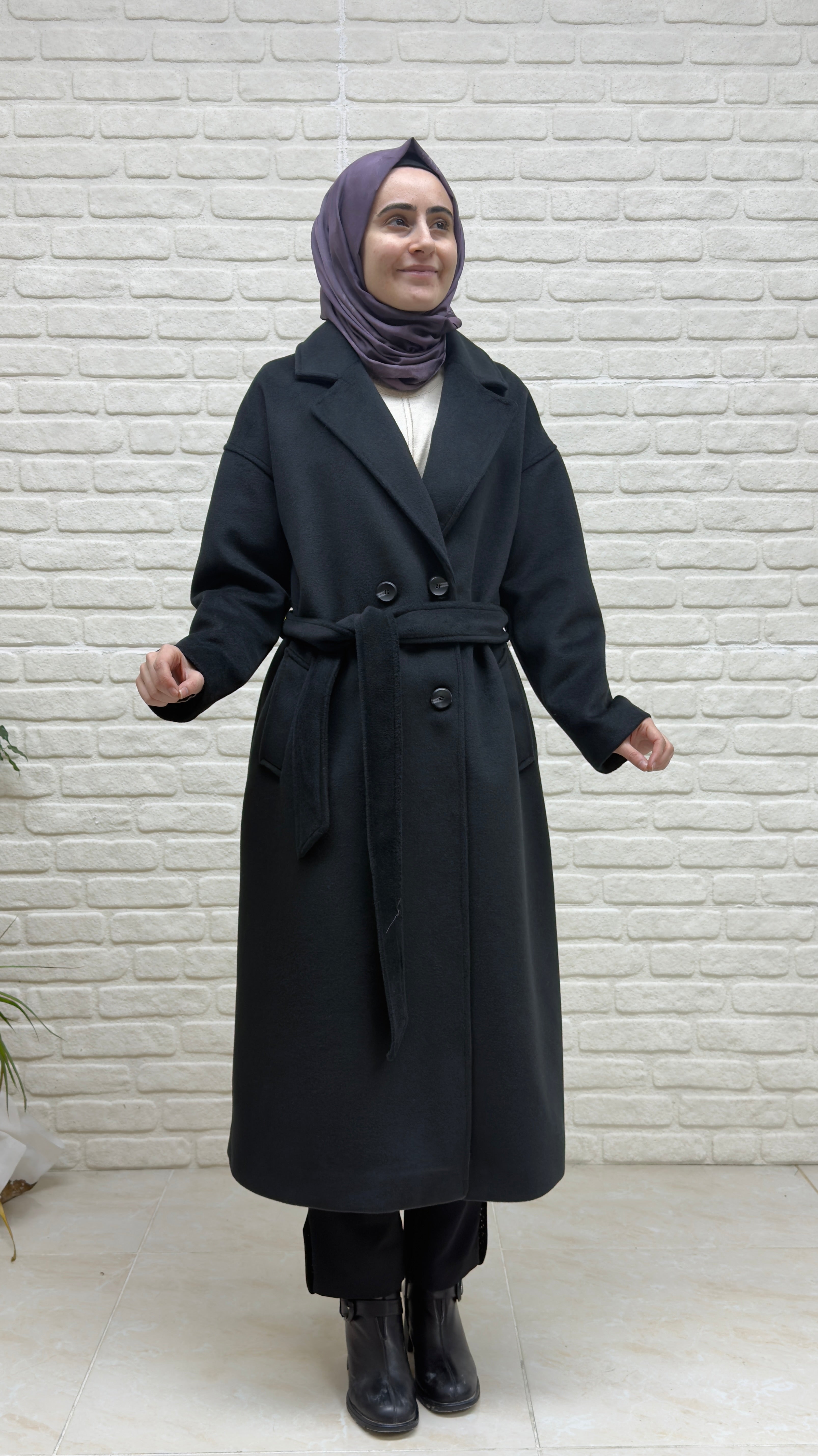 Beranisa Düğme Detay Kemerli Kaşe Kaban 1458