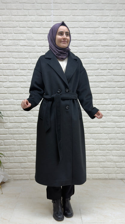 Beranisa Düğme Detay Kemerli Kaşe Kaban 1458