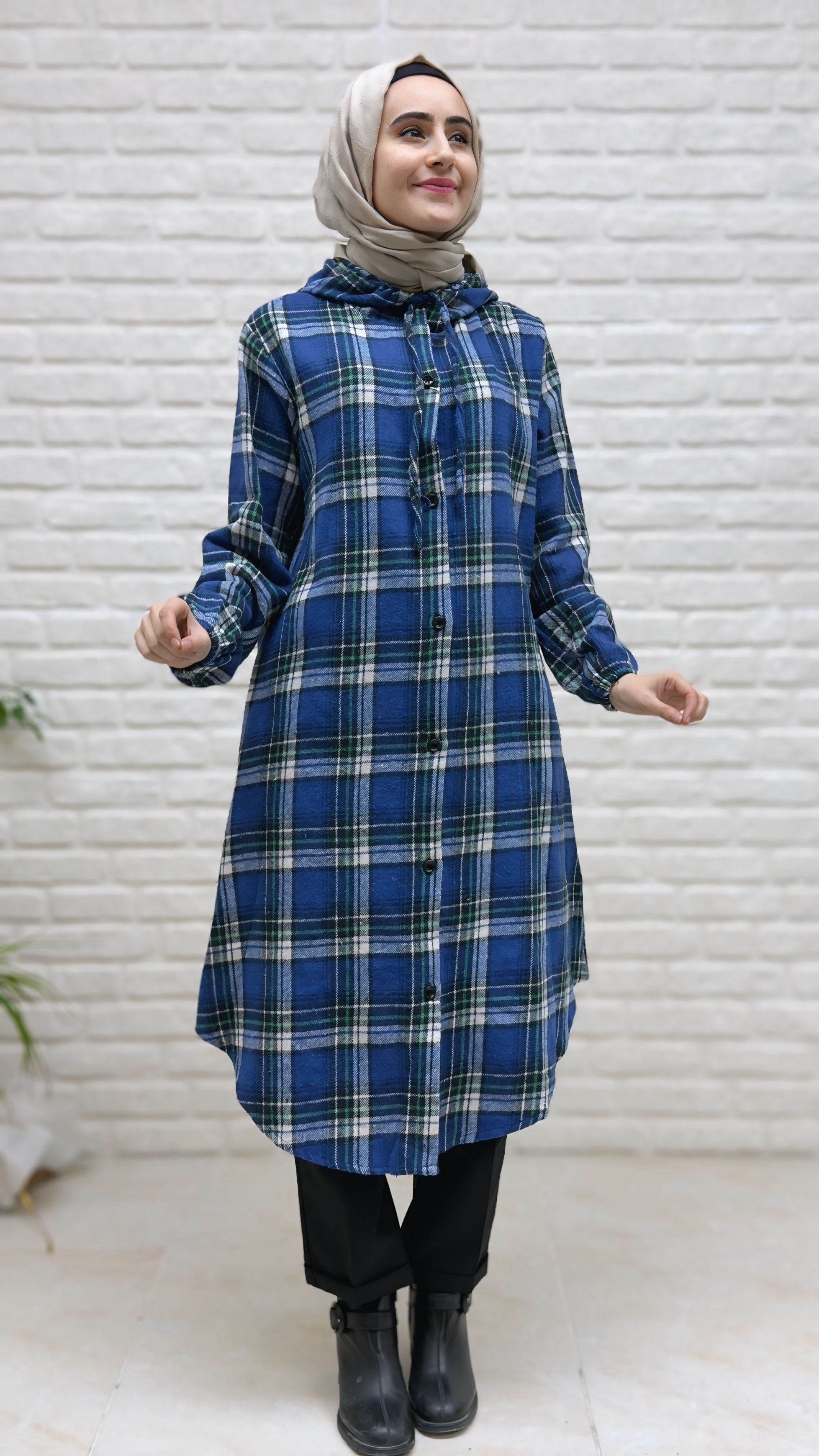 Beranisa Ekose Düğmeli Kapişonlu Tunik 4002