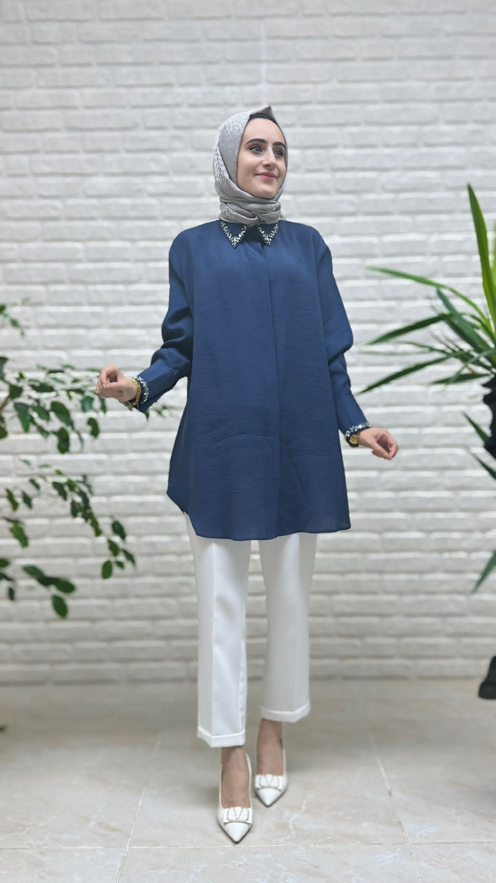 Eylül Manşeti Ve Yakası Taşlı Tunik 1674