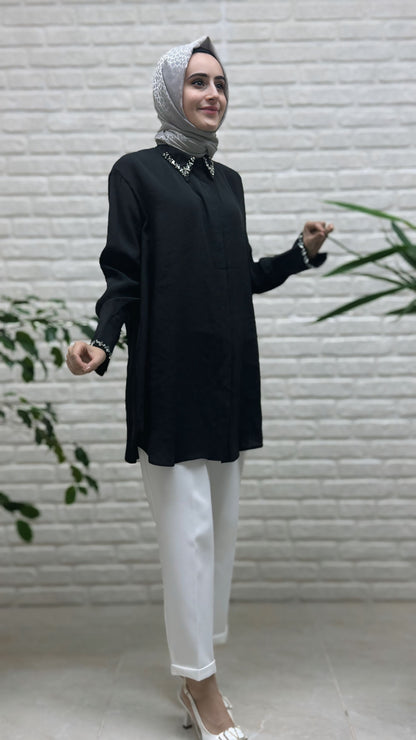 Eylül Manşeti Ve Yakası Taşlı Tunik 1674