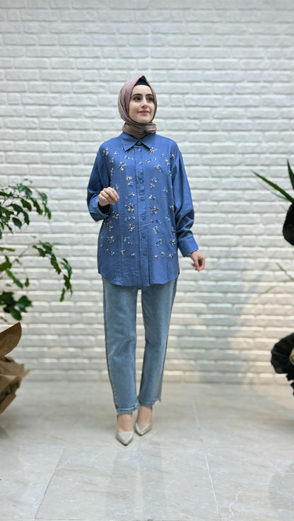 Ayşe Akay Taş İşlemeli Likralı Kot Pantolon