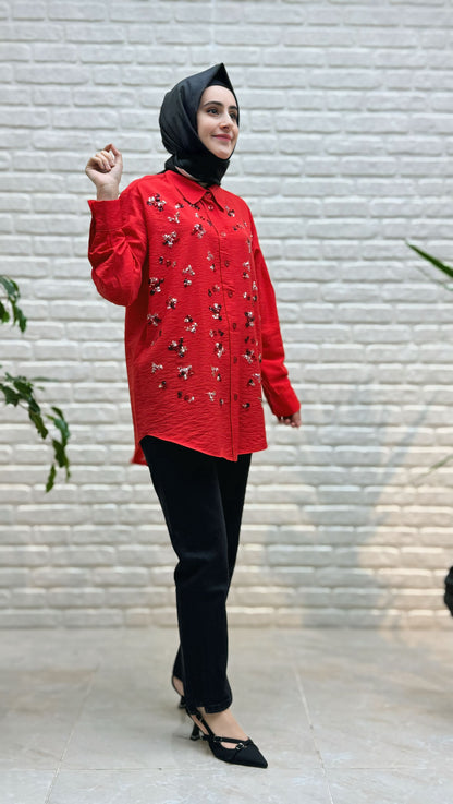 Ayşe Akay Taş İşlemeli Likralı Kot Pantolon