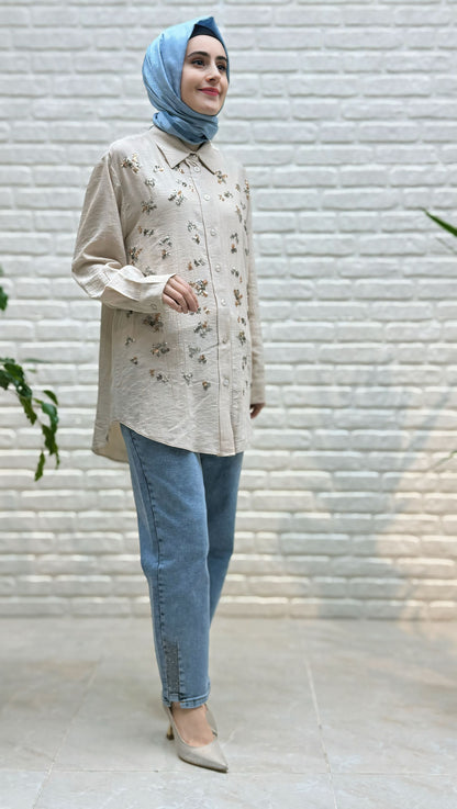 Ayşe Akay Taş İşlemeli Likralı Kot Pantolon