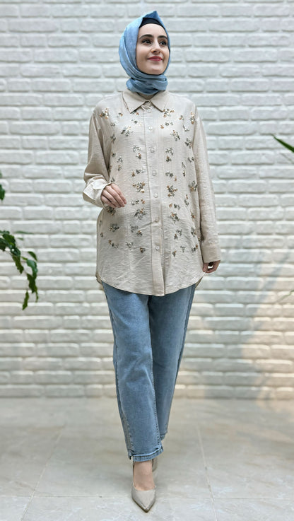 Ayşe Akay Taş İşlemeli Likralı Kot Pantolon