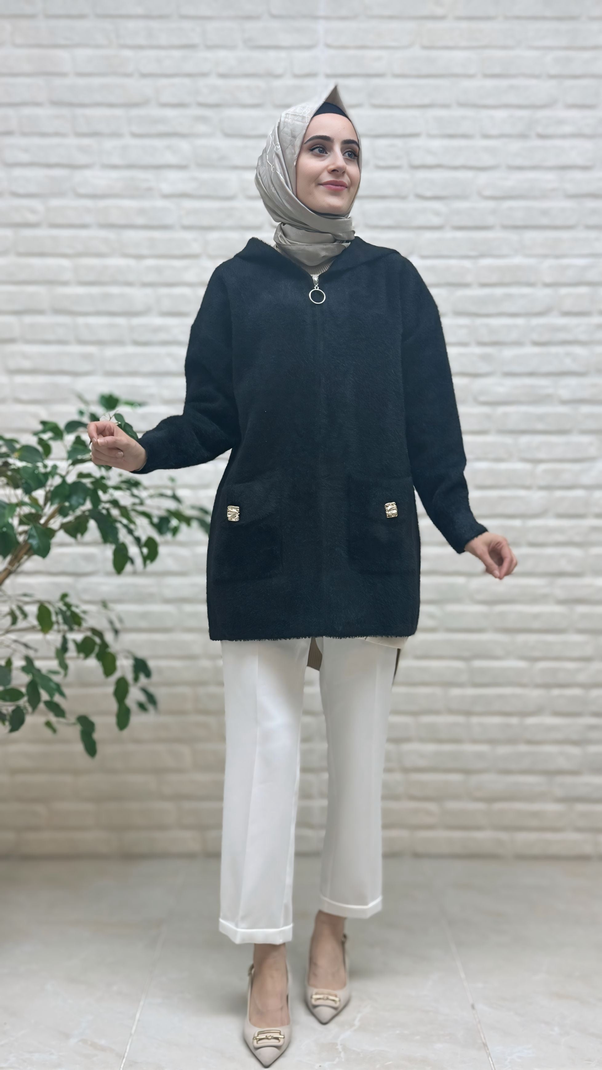 Gülseli Kapşonlu Fermuarlı Ceket 251441