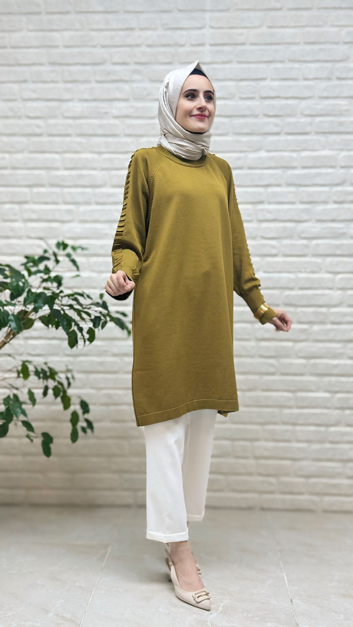 Kado Kolu Gofralı Düğmeli Soğuk İP Tunik 725006