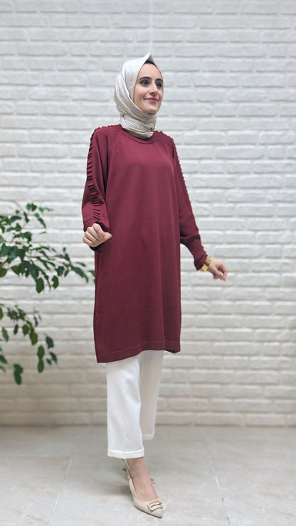 Kado Kolu Gofralı Düğmeli Soğuk İP Tunik 725006