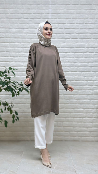 Kado Kolu Gofralı Düğmeli Soğuk İP Tunik 725006