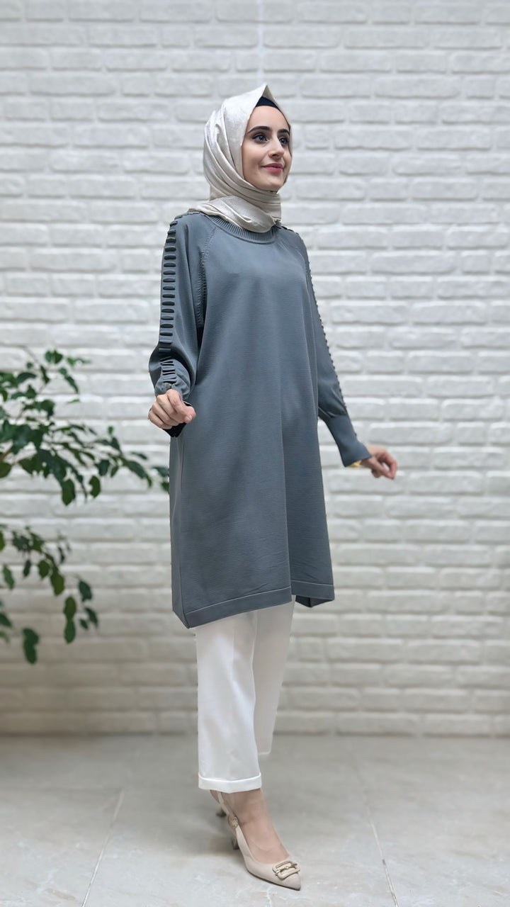 Kado Kolu Gofralı Düğmeli Soğuk İP Tunik 725006