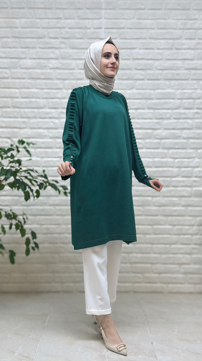 Kado Kolu Gofralı Düğmeli Soğuk İP Tunik 725006