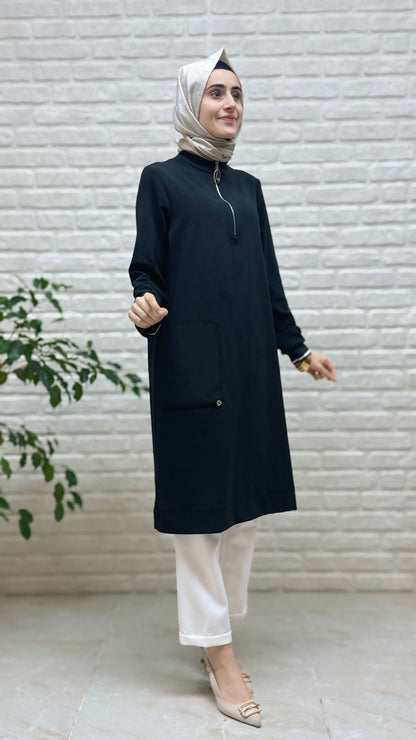 Armine Trend Kolları Ribanalı Yarım Fermuarlı Tunik Siyah 25KT443