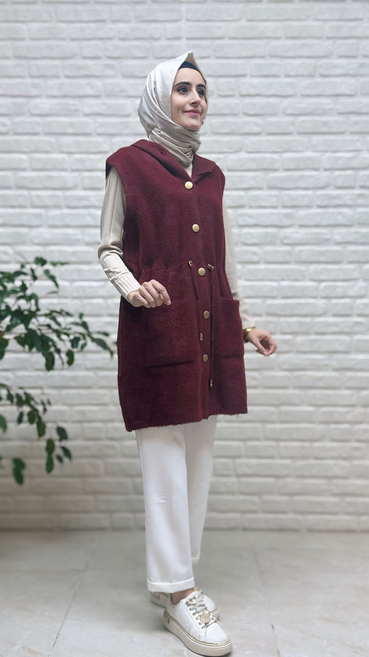 Gülseli Kapşonlu Angora Yelek 251438