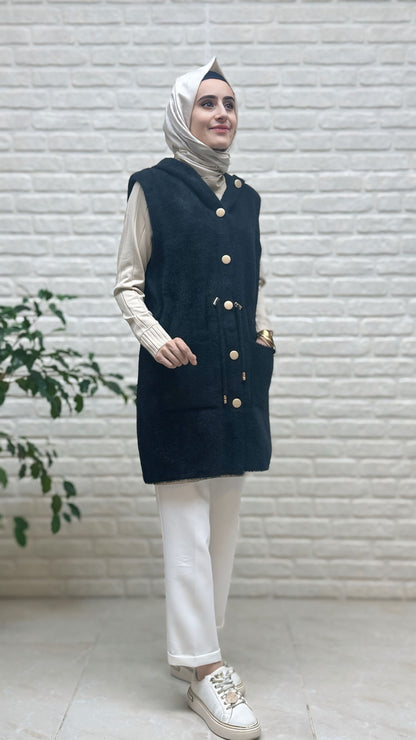 Gülseli Kapşonlu Angora Yelek 251438