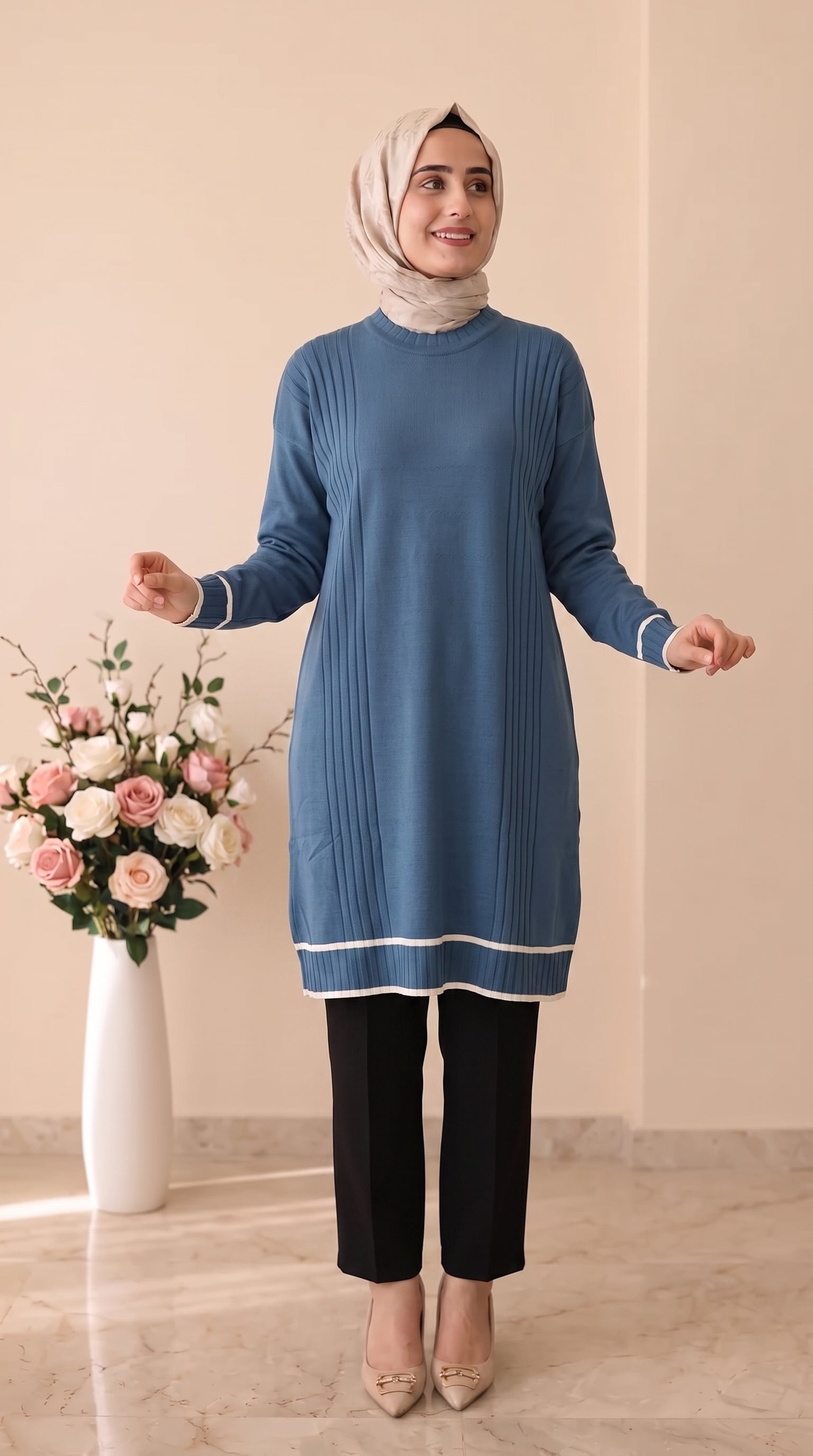 Beranisa Çizgi Detaylı Soğuk İP Tunik 3374