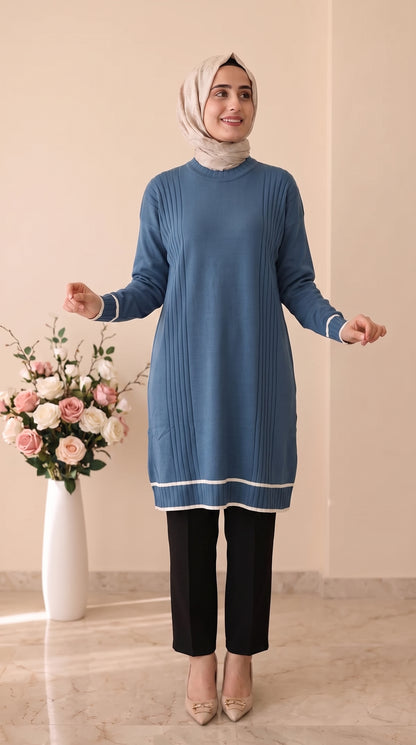 Beranisa Çizgi Detaylı Soğuk İP Tunik 3374