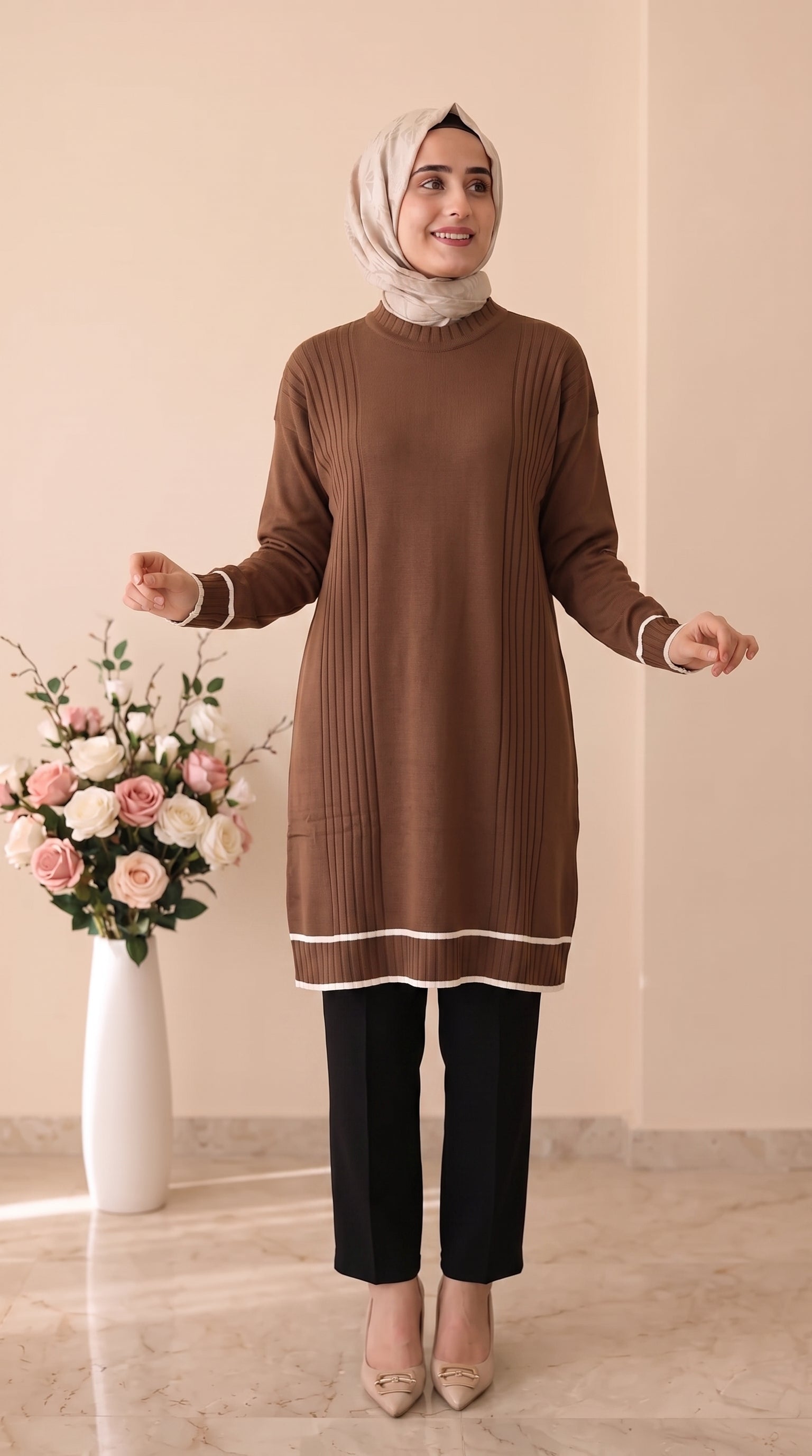 Beranisa Çizgi Detaylı Soğuk İP Tunik 3374