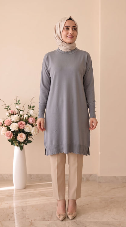 Beranisa Kolları Düğmeli Soğuk İp Tunik 3319