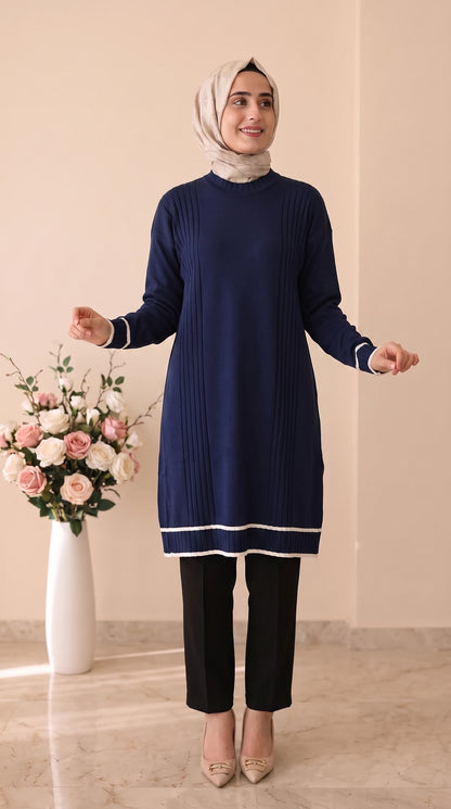 Beranisa Çizgi Detaylı Soğuk İP Tunik 3374