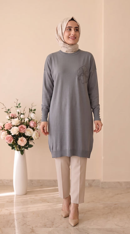 Beranisa  Çiçek Desenli Soğuk İp Tunik 3303