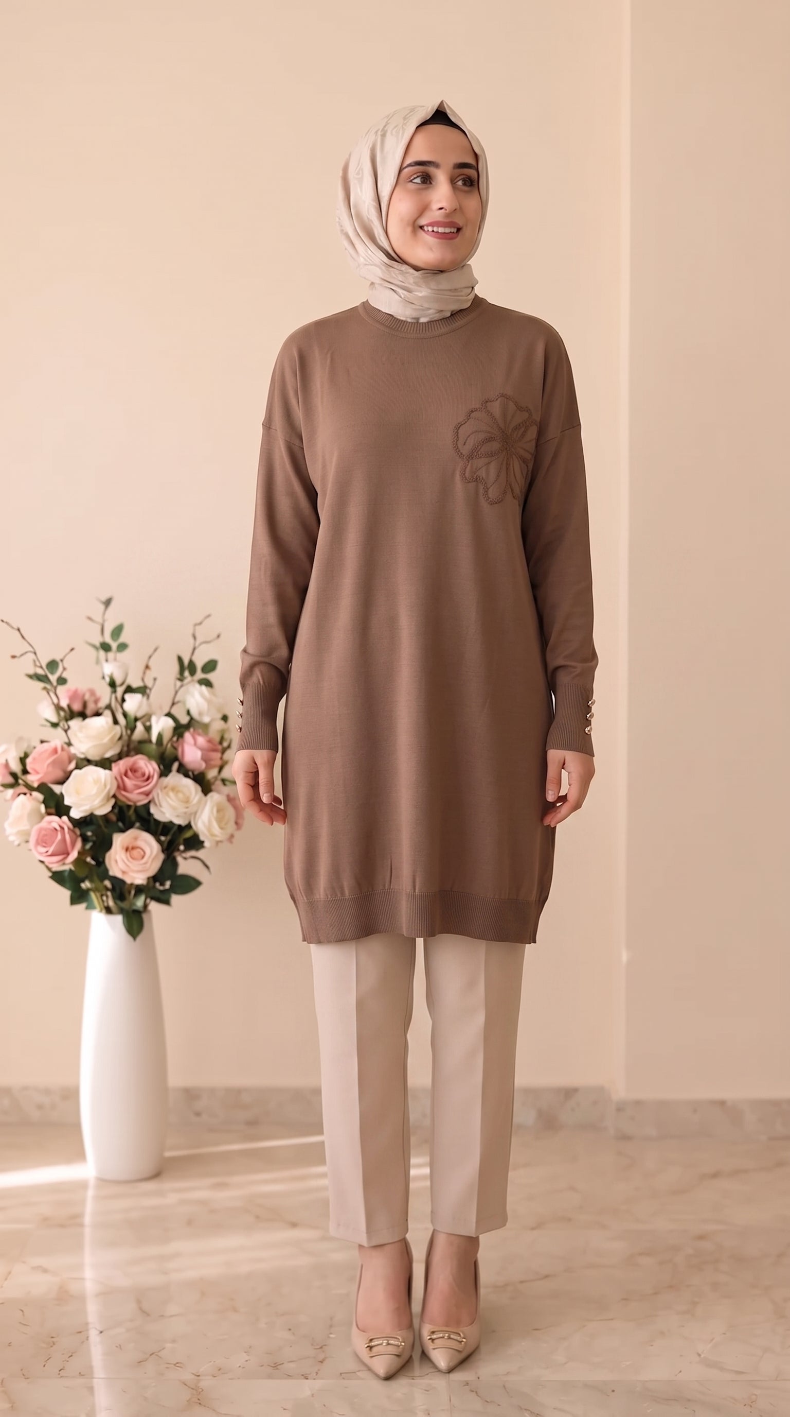 Beranisa  Çiçek Desenli Soğuk İp Tunik 3303