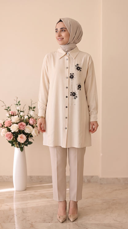 İz Atelier Önden Düğmeli Boncuk Detaylı Çiçekli Tunik 4059