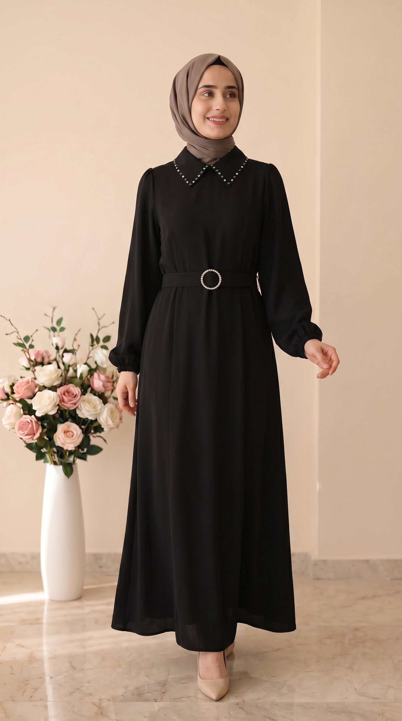 Doque Yakası Taş İşleme Kemerli Elbise 63095