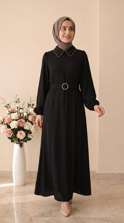 Doque Yakası Taş İşleme Kemerli Elbise 63095