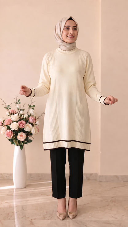 Beranisa Çizgi Detaylı Soğuk İP Tunik 3374