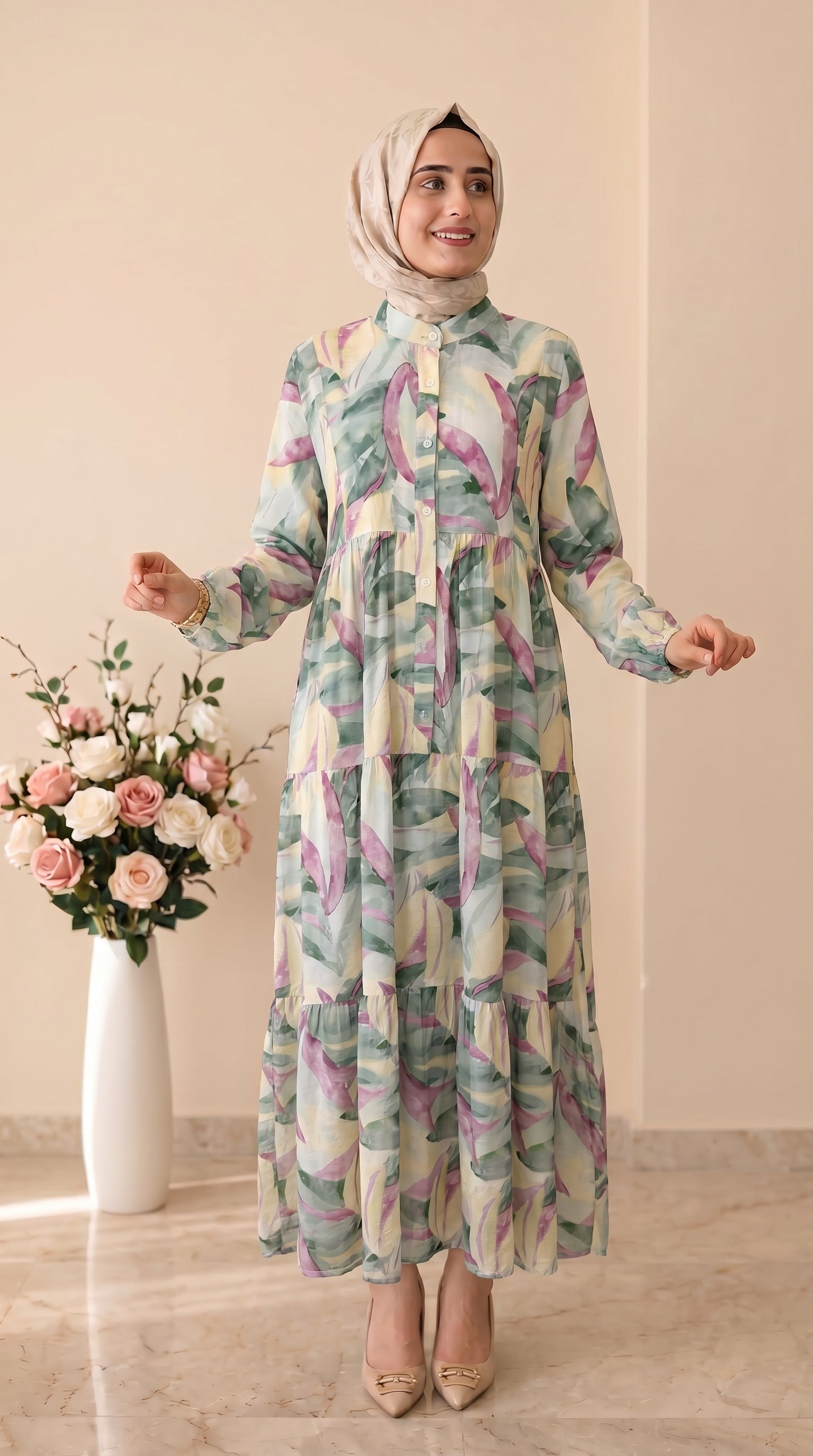 Beranisa Yaprak Desenli Elbise 4053